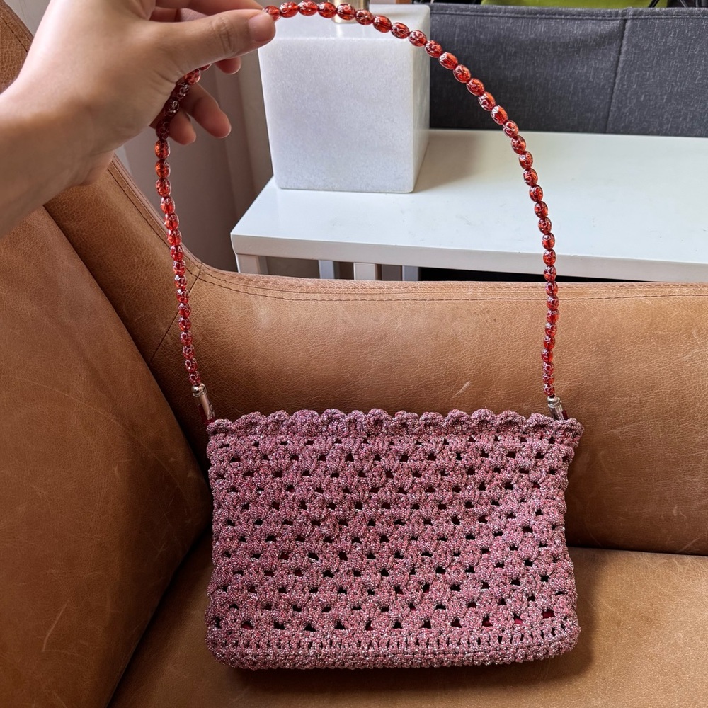 Vintage beaded handle metallic silver pink knit crochet mini bag evening glam